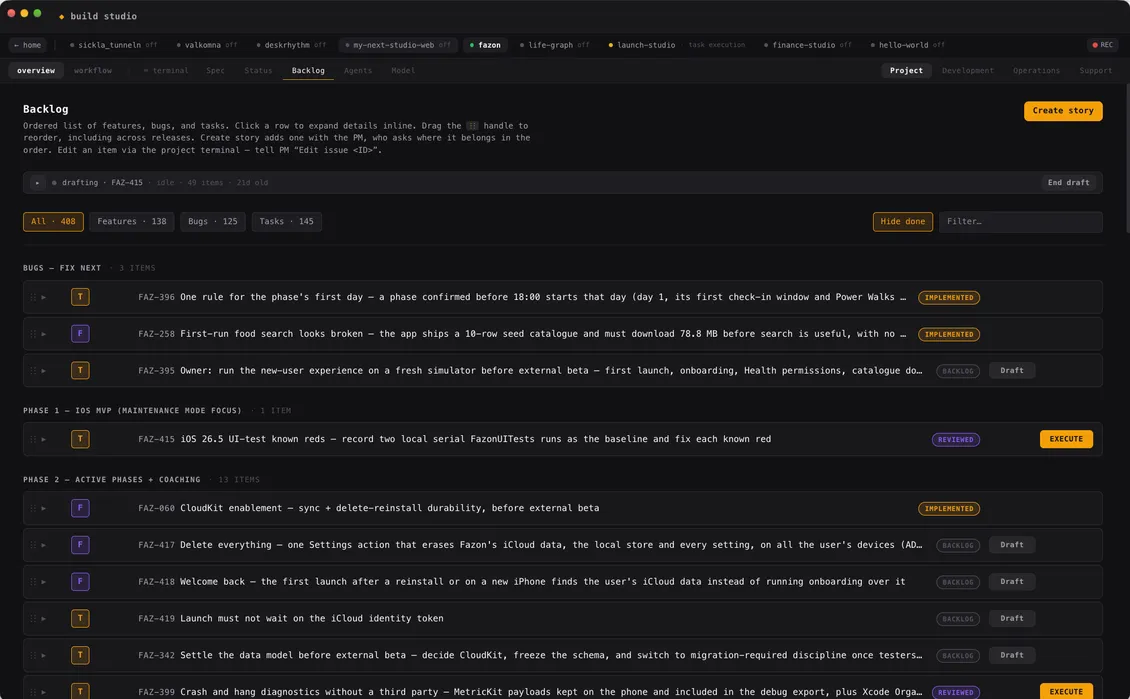 The Build Studio backlog, with features, bugs, and tasks grouped by phase, plus Draft, Review, and Execute actions.