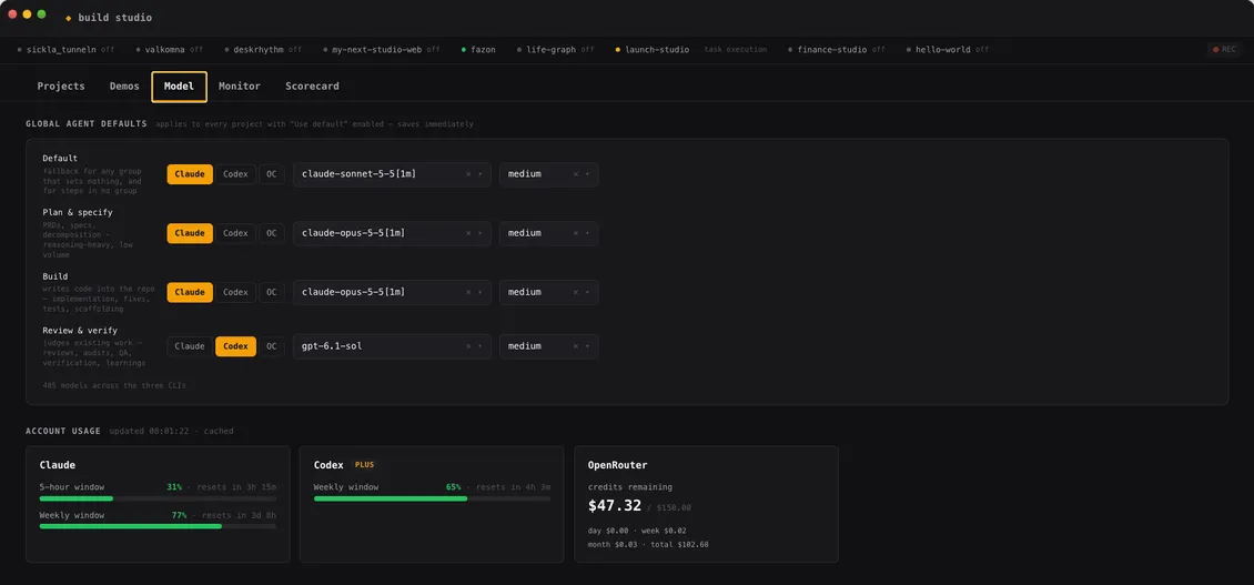 Build Studio Model view, with CLI, model, and reasoning choices for each step group, plus Claude and Codex usage limits and OpenRouter credits.