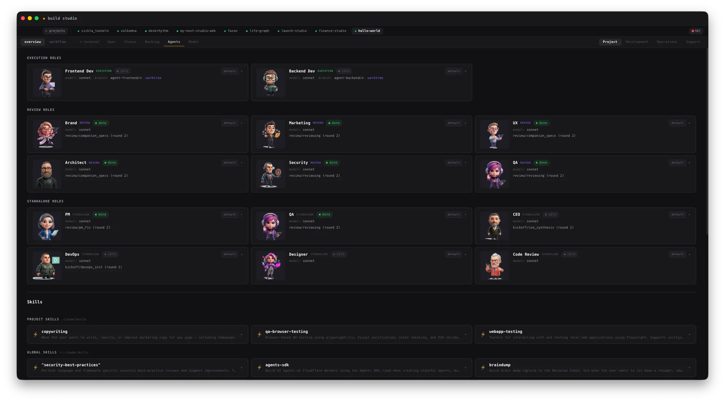 The Build Studio Agents tab — specialised AI agents with defined roles (execution, review, standalone), each showing its model, branch, and current workflow step, alongside the project and global Skills lists.