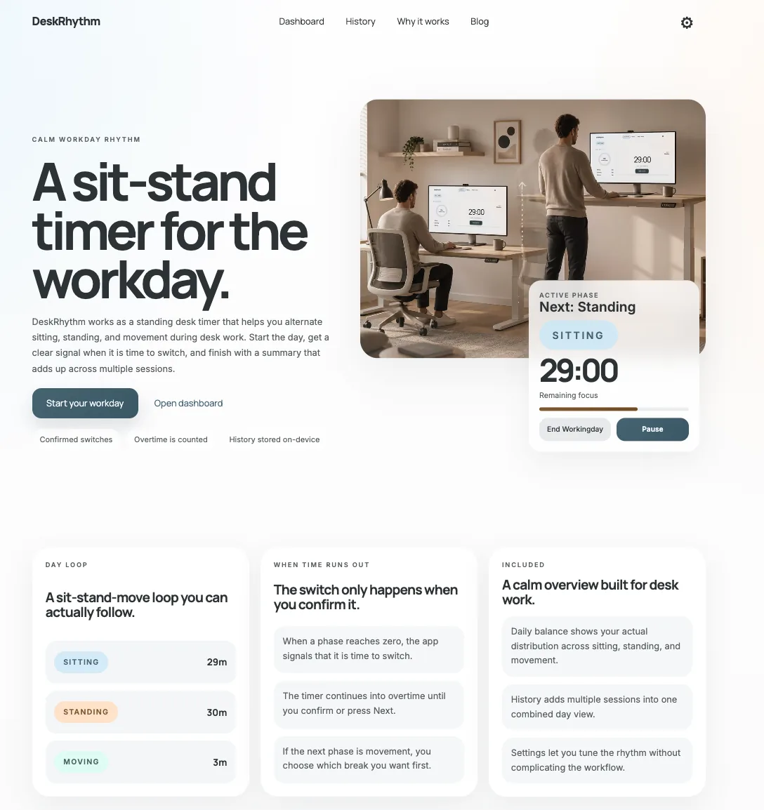DeskRhythm on the desktop web — landing page with the hero 'A sit-stand timer for the workday', the in-app dashboard preview, and three feature blocks below.